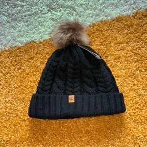 Timberland Heavy Wool Knit Black Fur Lined Pom Pom Beanie One Size